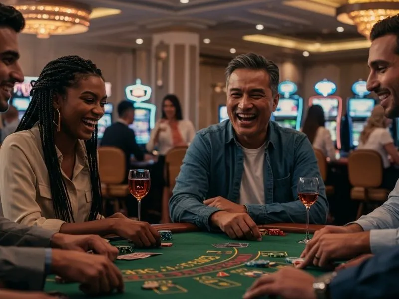 Friends enjoying an exciting poker game together at Peso 63 Online Casino