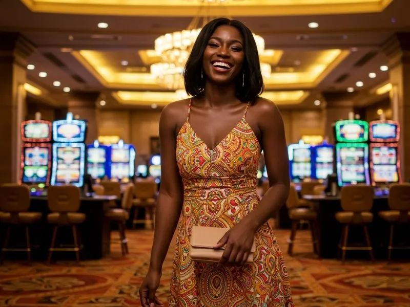 Happy lady posing under bright casino lights representing the excitement of peso 63 online casino