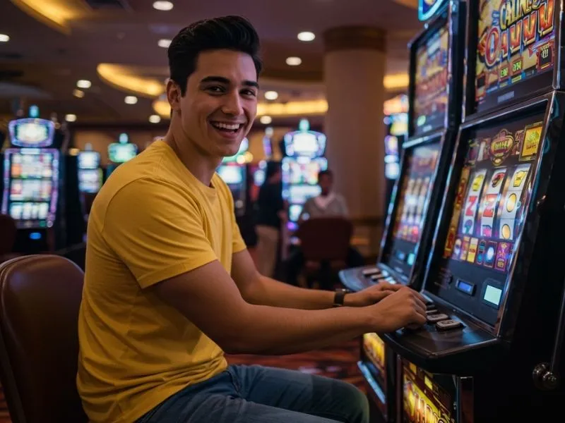 Smiling man enjoying slot machine games at peso 63 online casino