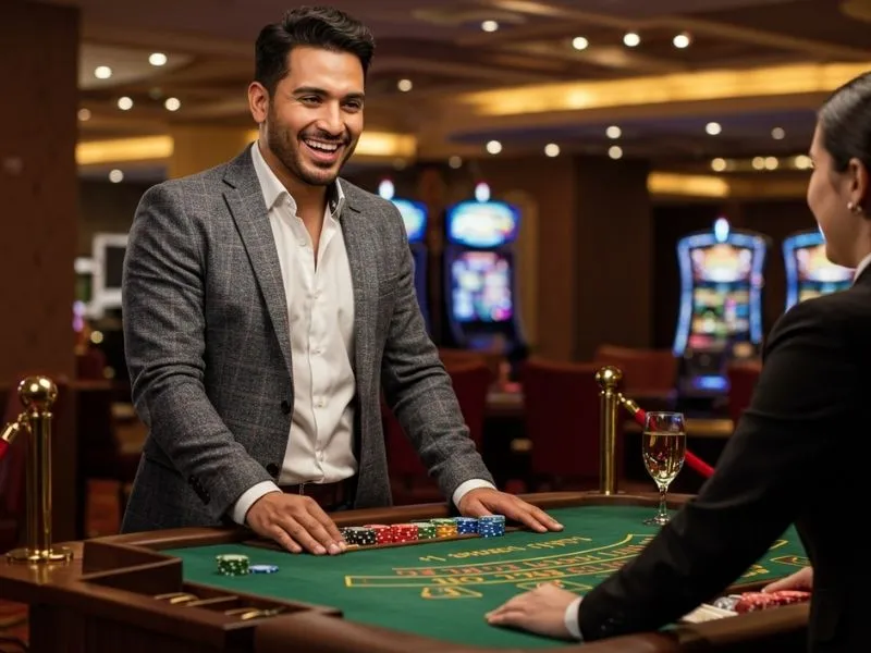 Man cheering and holding poker chips while playing at ph333.ph casino