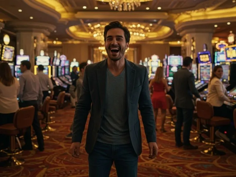 Man laughing and enjoying himself at a lively ph333.ph casino lounge