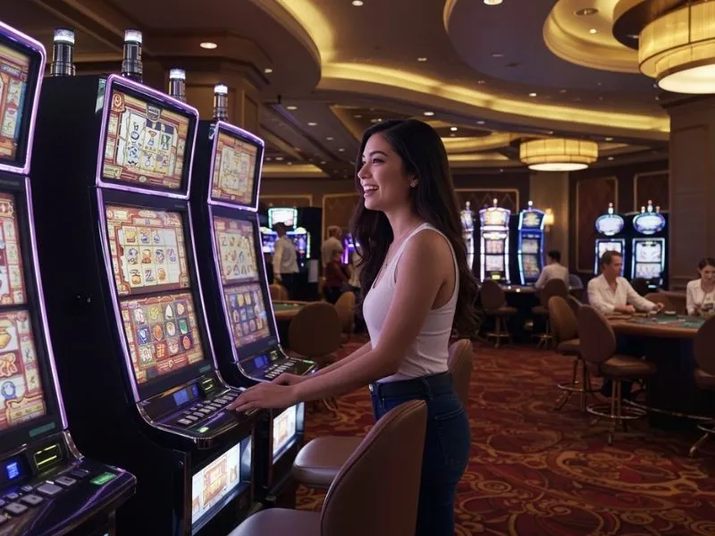 Woman smiling and enjoying a slot machine at ph333.ph casino