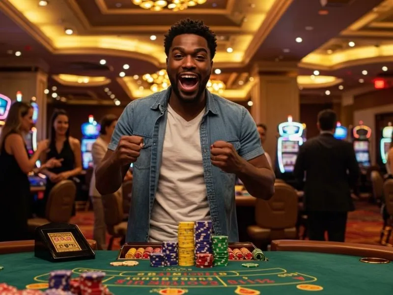 Excited poker player celebrating a big win at Pink Venom Online Casino