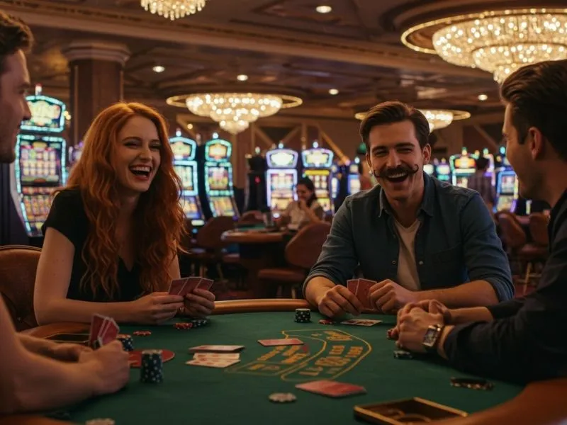 Smiling friends enjoying a lively night playing at Pink Venom Online Casino