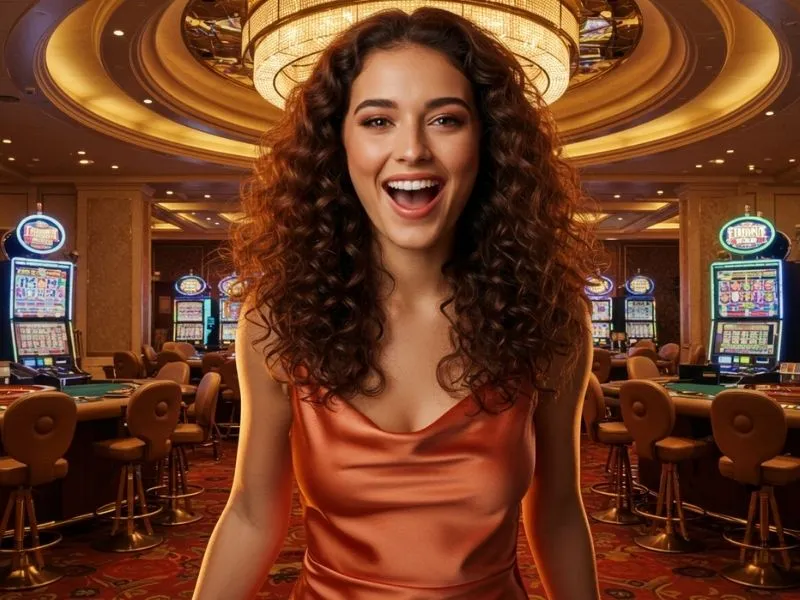 Smiling lady enjoying the casino floor at Pink Venom Online Casino