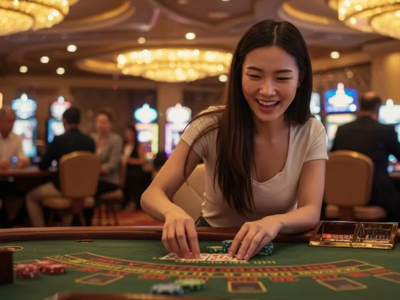 Woman smiling while placing a poker bet at Pink Venom Online Casino