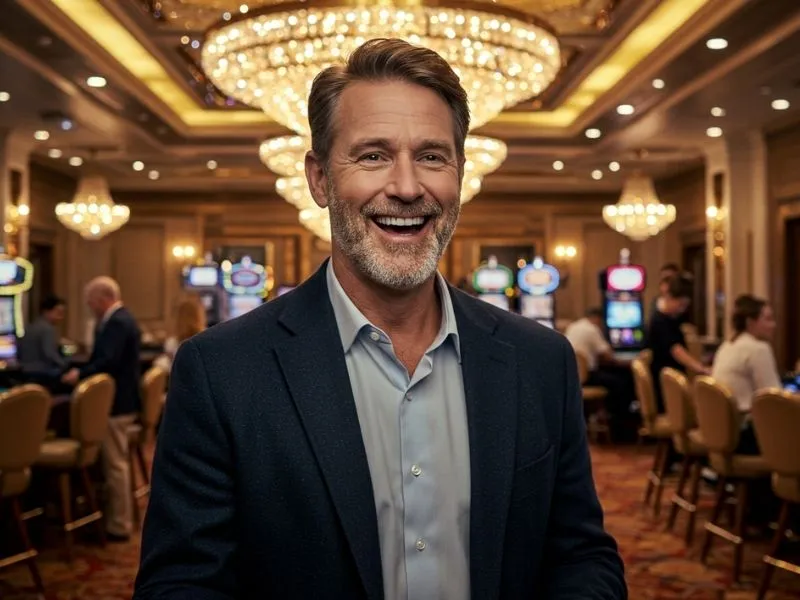 Happy player walking through a vibrant casino enjoying playtime casino online