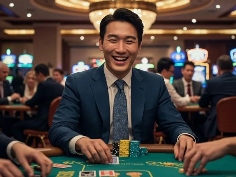 Joyful player celebrating a poker victory at playtime casino online