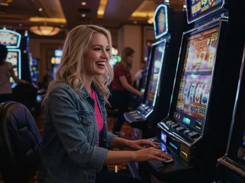 Excited player with a big smile enjoying a slot machine at Playtime Casino Online