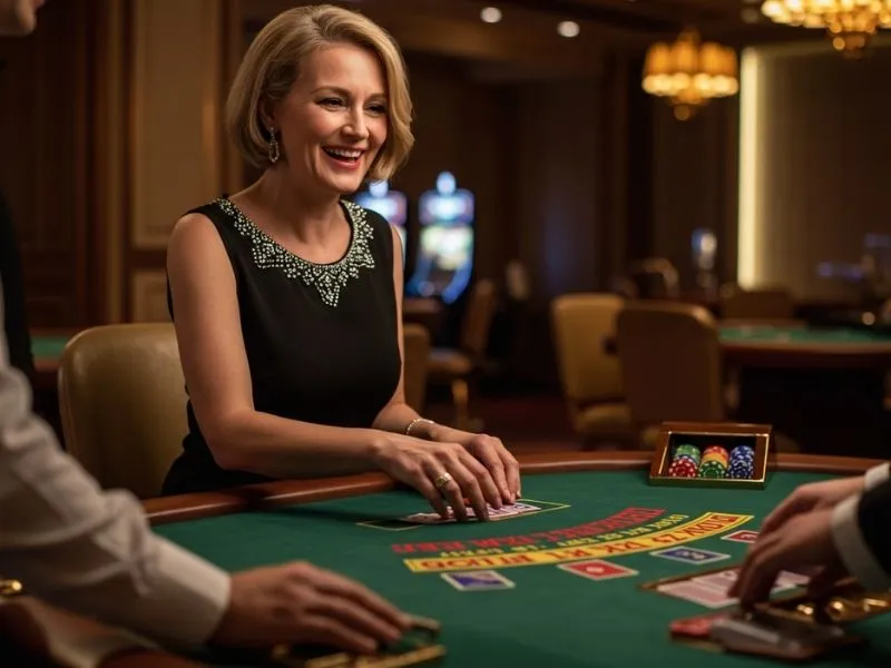 Smiling woman enjoying a poker game at a playtime casino online table
