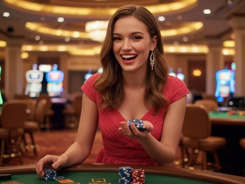Smiling lady holding poker chips at a table in Tycoon Casino