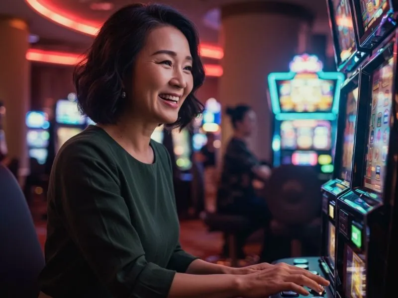 Woman happily playing a slot machine at Tycoon Casino with excitement
