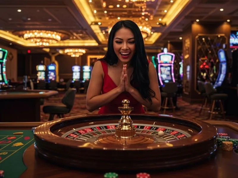 Woman smiling while playing a roulette wheel at Tycoon Casino