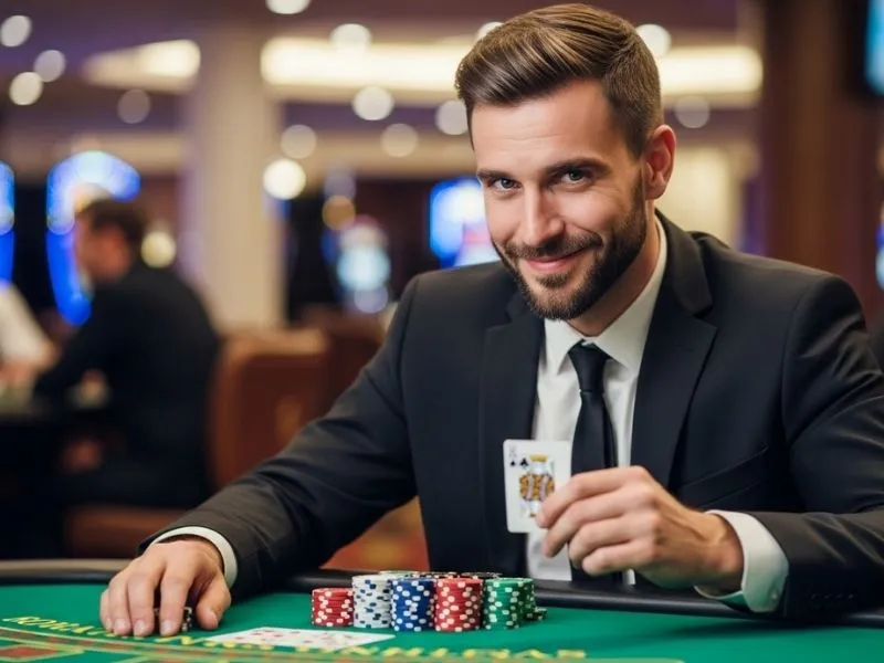 Man smiling while holding casino chips at a gaming table in a physical casino, representing the excitement behind 55x Casino login register experience.