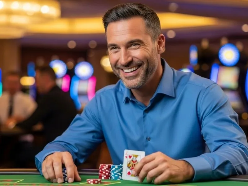 Smiling man holding casino chips at a gaming table representing 55x Casino login register experience.