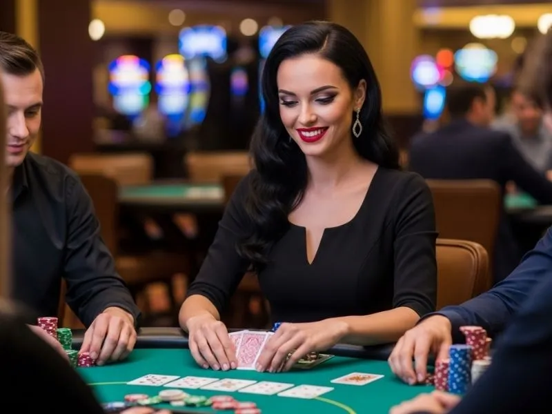 Woman happily playing poker with friends at a casino table, representing the excitement of 55x casino login register experience.