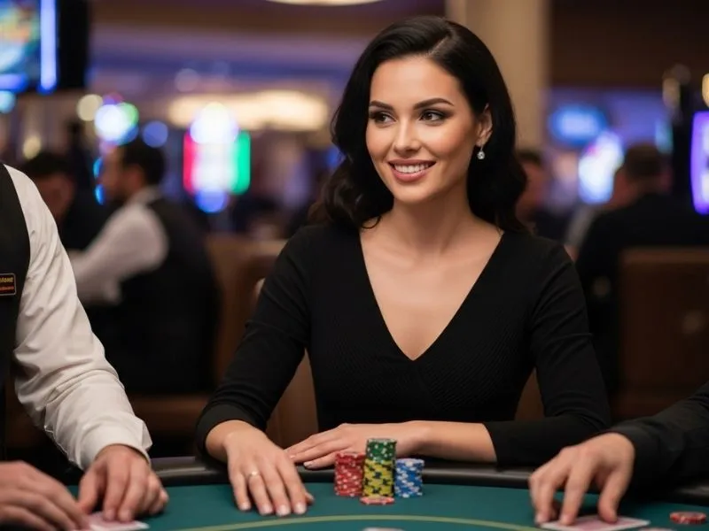 Smiling woman sitting at a casino table with chips stacked in front of her, representing the excitement behind 55x Casino login register experience.