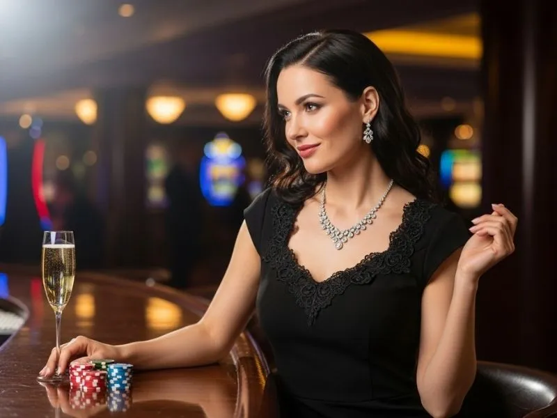Elegant woman holding casino chips at a casino bar, representing the luxurious vibe of AAaJL Online Casino.