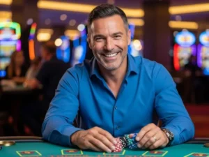 Grinning old man holding playing cards and casino chips at a table, symbolizing the excitement of AAaJL Online Casino gameplay.