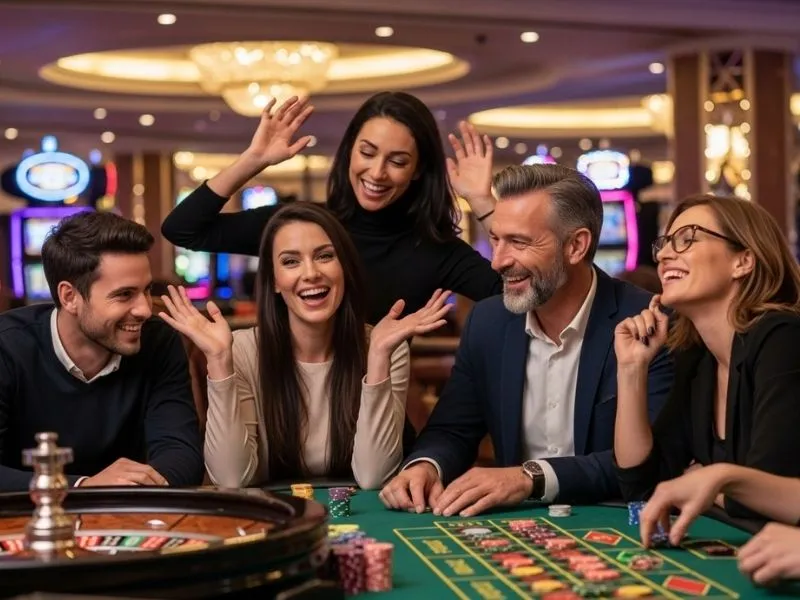 Group of friends cheering around a roulette wheel at a casino, capturing the fun and excitement inspired by aaajl online casino.