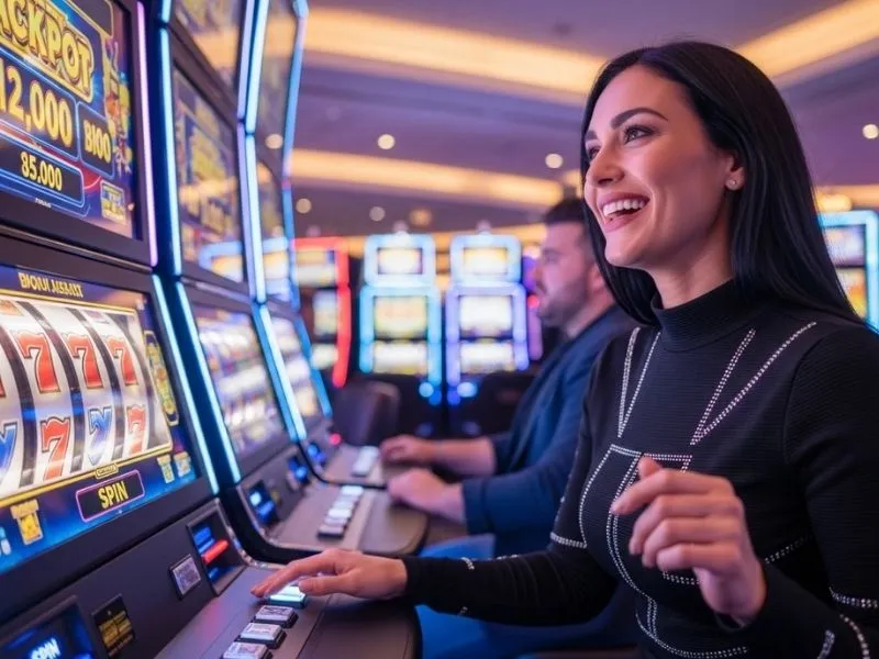 Lady celebrating a big slot machine win inside a casino, symbolizing the excitement and winning experience promoted by AAAJL Online Casino.