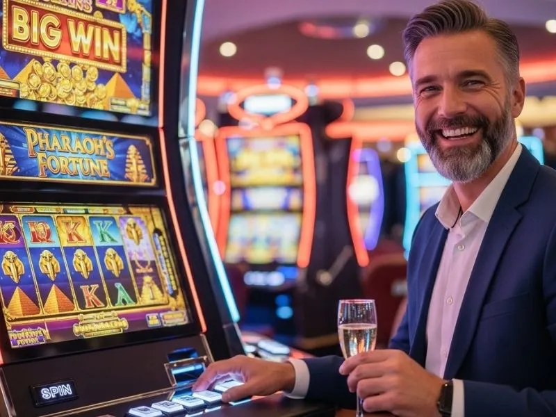 Man happily celebrating a jackpot win at a slot machine in a physical casino, enjoying the thrill of gaming – albie casino brief.