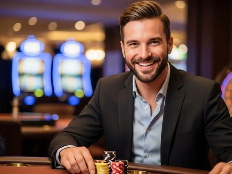 Man smiling while playing poker with chips at a physical casino table – Albie Casino Brief