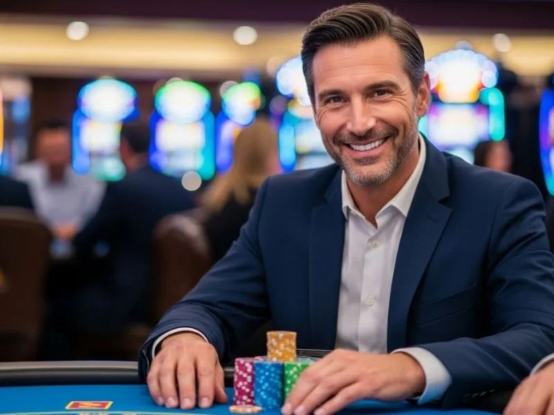 Man smiling with chips on a casino table at Albie Casino Brief, enjoying the physical casino experience