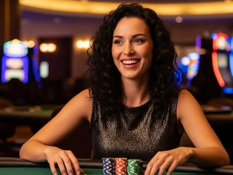 Young lady smiling in front of casino chips at a physical table, enjoying her experience at Albie Casino Brief.