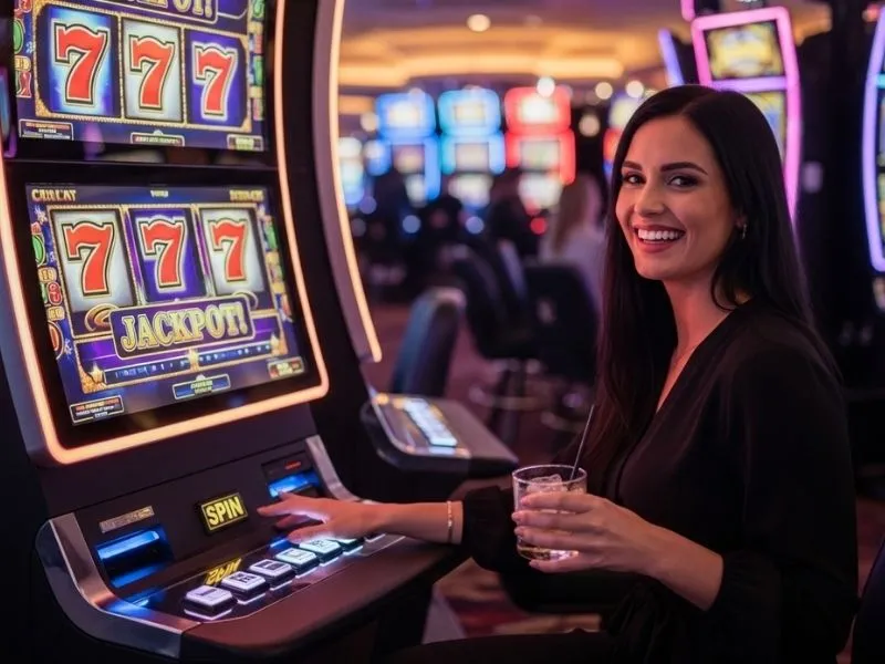 A happy woman smiling after winning a jackpot on a slot machine at Aliante Casino Hotel Gaming.