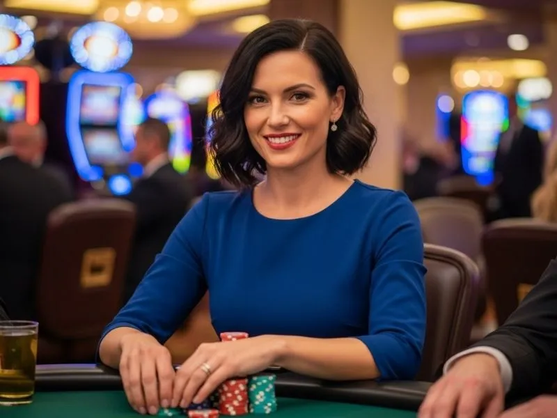 A smiling woman holding casino chips at a gaming table inside Aliante Casino Hotel, enjoying the lively gaming atmosphere.