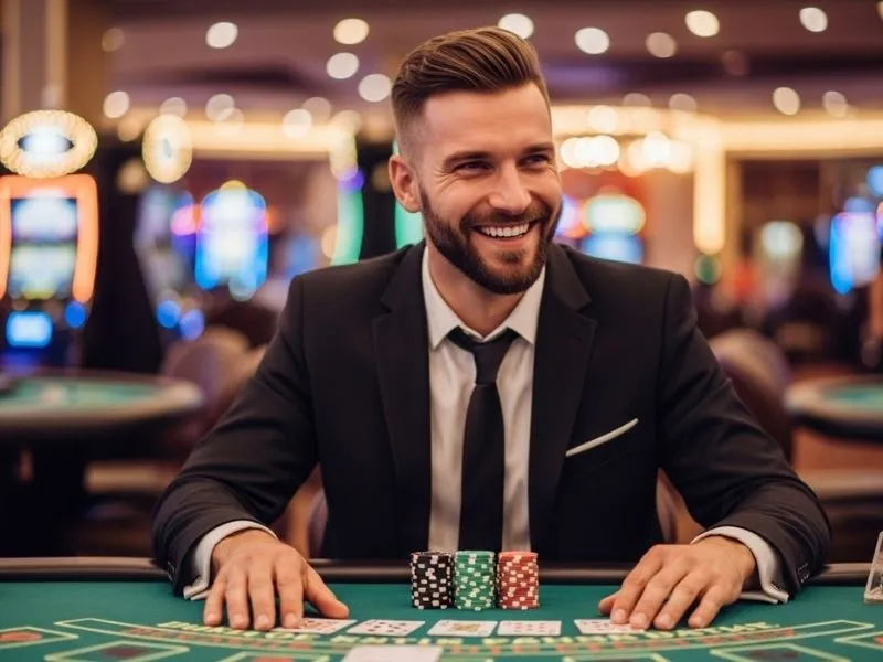 Man happily playing casino games inside Aliante Casino Hotel gaming floor.