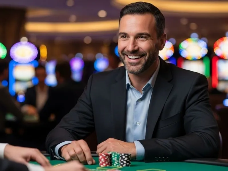 Man smiling with casino chips at a gaming table inside Aliante Casino Hotel Gaming.