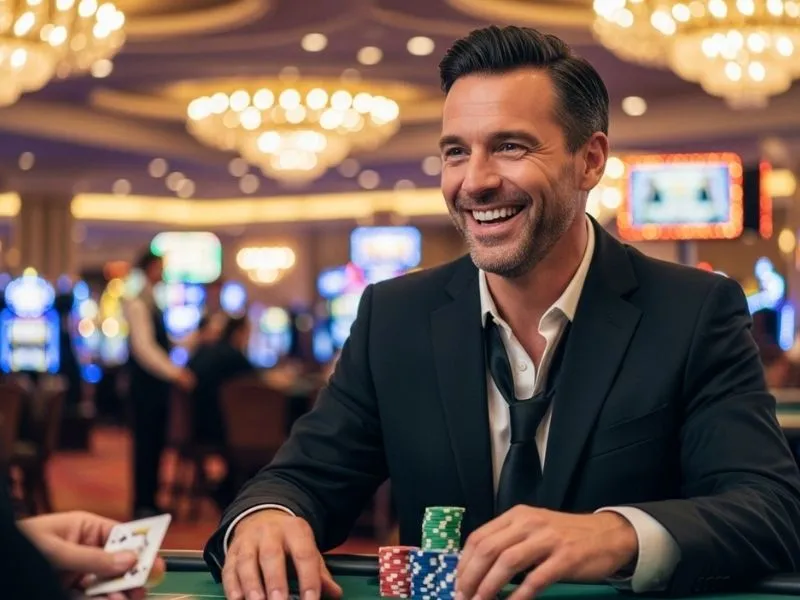 Man grinning with chips on a table at a bar casino, enjoying the lively atmosphere of gambling