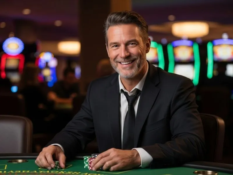 Man holding chips at a bar casino, ready to place a bet on the table