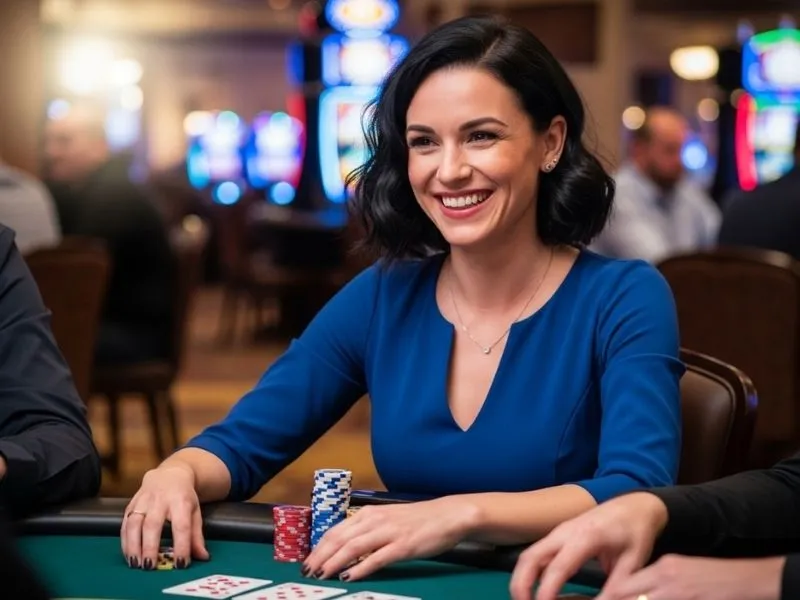 Smiling woman enjoying a game with chips in hand at a bar casino.