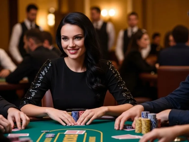 Woman smiling with casino chips and cards at a bar casino