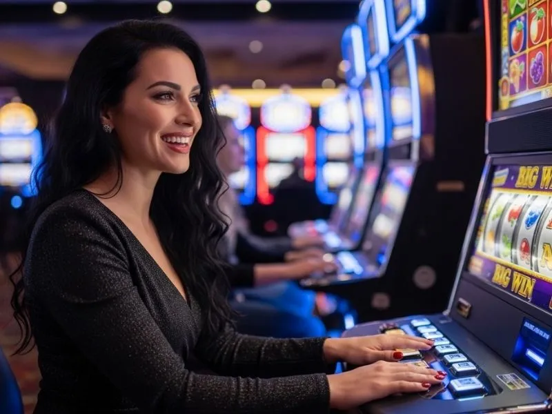 Woman laughing while spinning slot reels at a bar in casino, enjoying the lively atmosphere.
