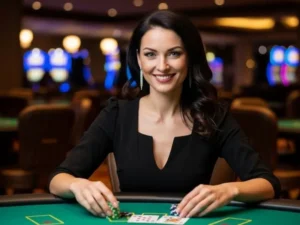 Smiling woman holding poker chips and cards at a bar in casino, enjoying the lively atmosphere of a physical casino.