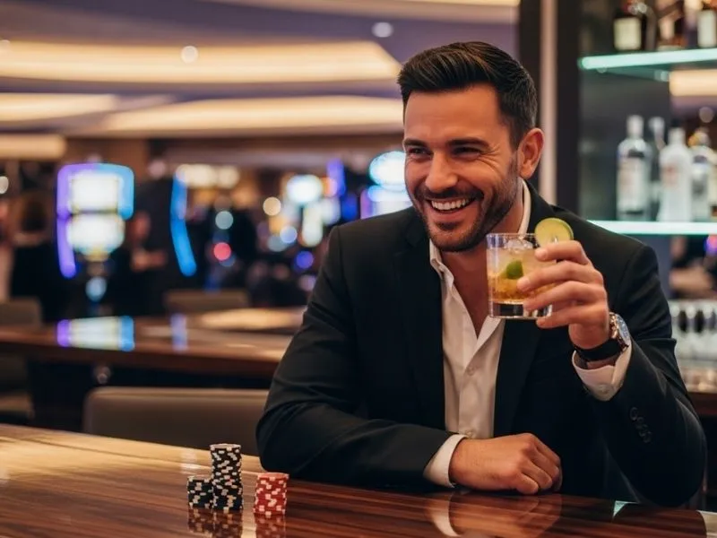 Man enjoying a lively evening at a bar in casino while playing poker