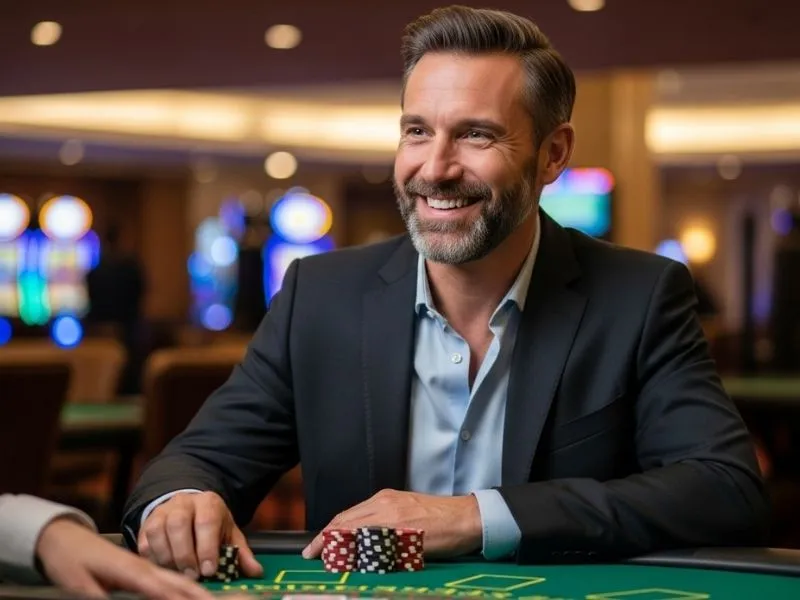 Man happily placing bets at a poker table near a bar in casino, enjoying the lively casino atmosphere.