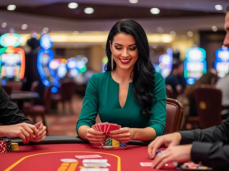 Elegant woman smiling while playing table games at a casino, enjoying the vibrant atmosphere of Bicycle Casino games.