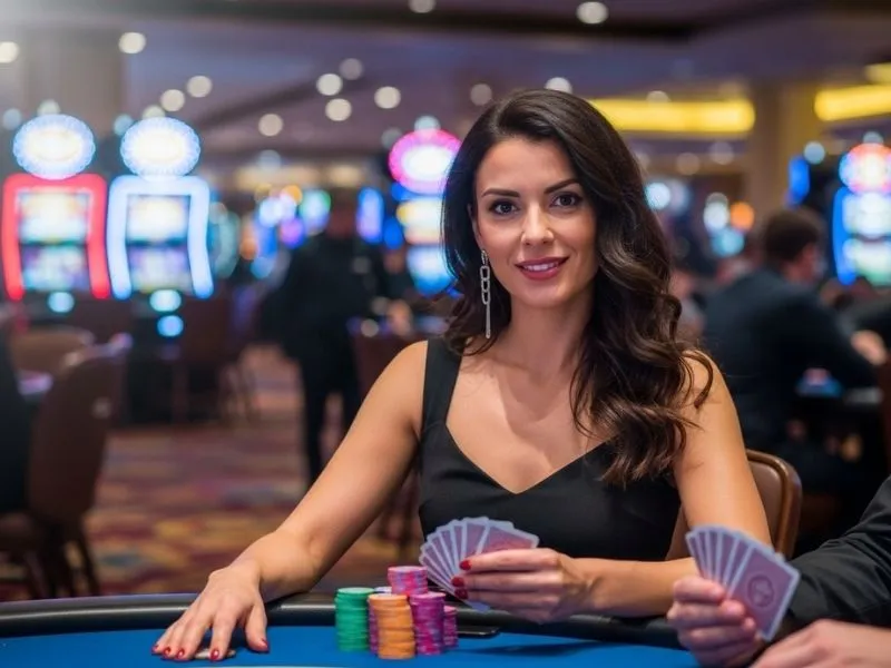 A lady smiling while holding casino chips and cards at a table inside the Bicycle Casino, representing the excitement of playing bicycle casino games.
