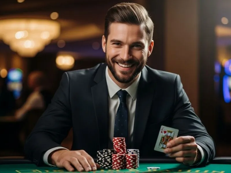 Man happily playing poker at a table in a physical casino, representing the excitement of Bicycle Casino games.
