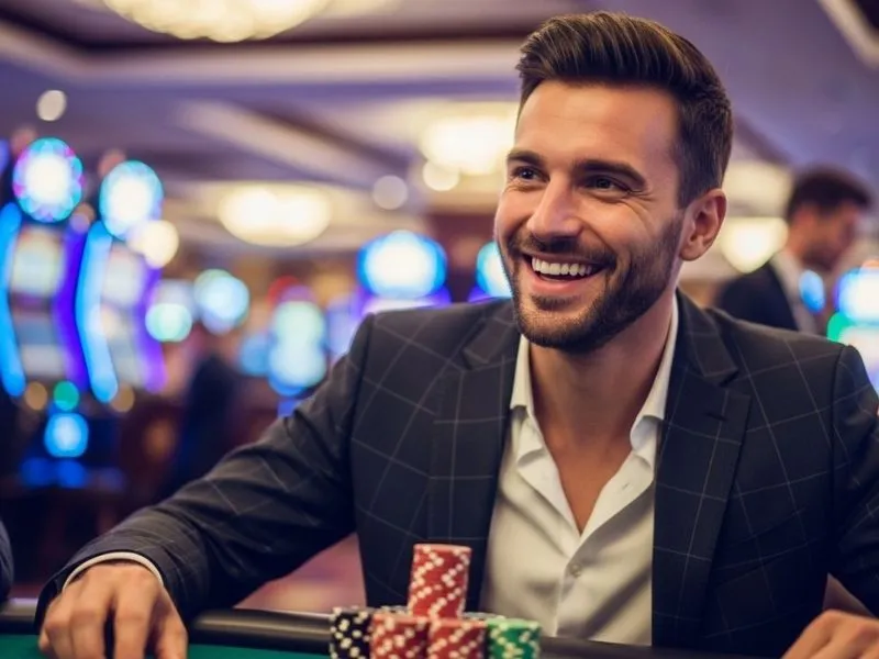 Man placing a bet on a poker table at the Bicycle Casino Games, showcasing live action inside a real casino environment.