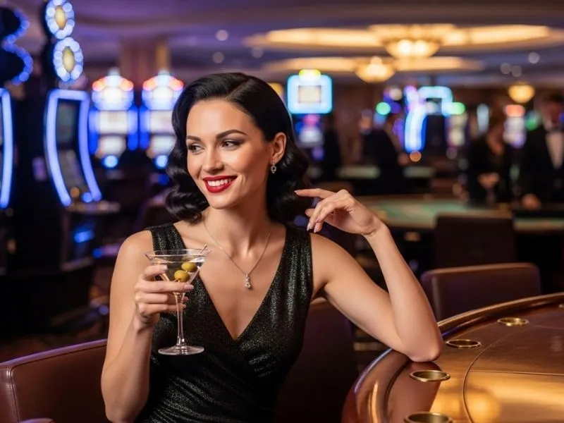 Lady enjoying a drink at a lively casino bar with gaming tables in the background.