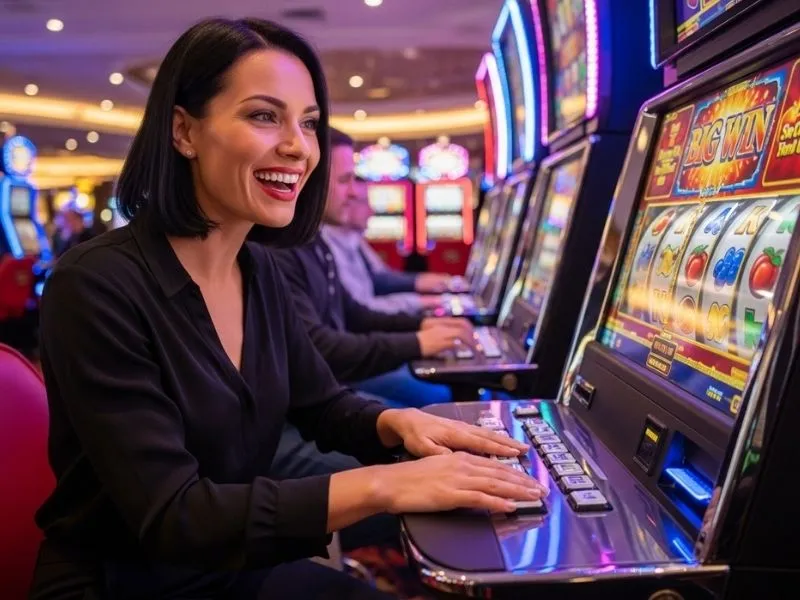 A joyful woman celebrating her slot machine jackpot win inside a lively casino bar filled with lights and gaming machines.