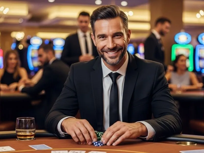 Man holding casino chips at a poker table inside a lively casino bar.