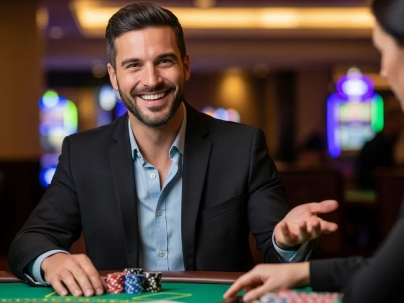 Man enjoying a casino game with chips at a lively casino bar.