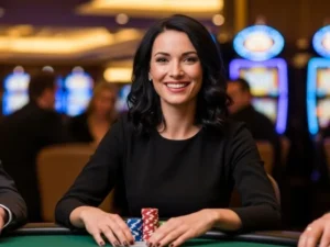 Casino femme celebrating her win with chips at a physical casino table, joyful expression and excitement visible